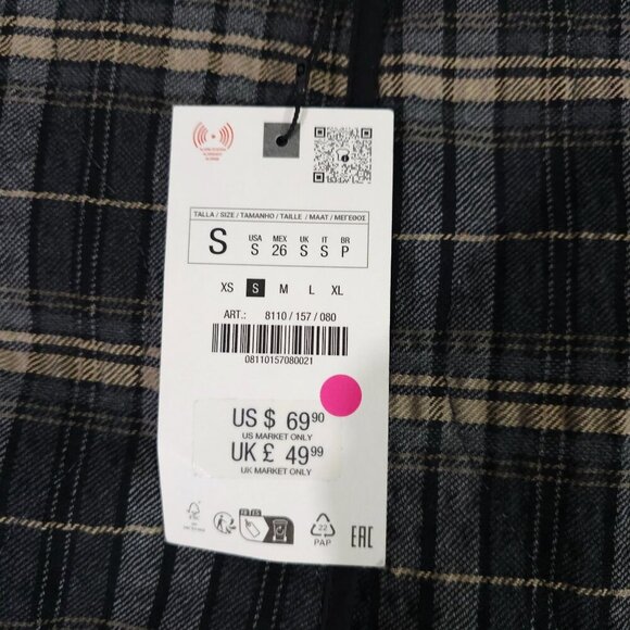 Zara Womens Plaid Button-Up Jacket Size S Black/Beige Cotton Blend READ ME - Picture 7 of 9